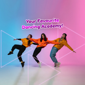 Three dancers in orange hoodies posing dynamically in front of a geometric background.