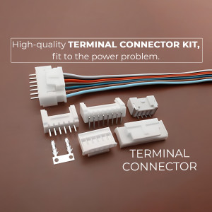 Close-up of a terminal connector kit with various connectors and wires