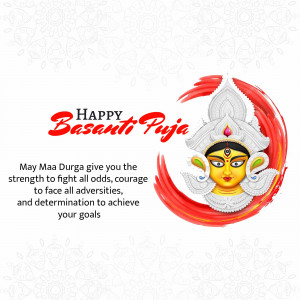Image depicting a Happy Basanti Puja greeting with Goddess Durga's face and a motivational message.