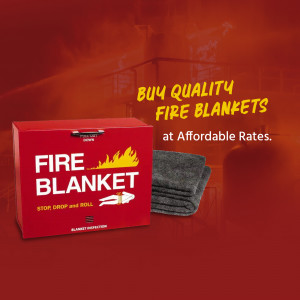 Red fire blanket box with a blanket partially pulled out, promoting fire safety.