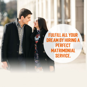 A couple looking at each other with an advertisement for a matrimonial service.