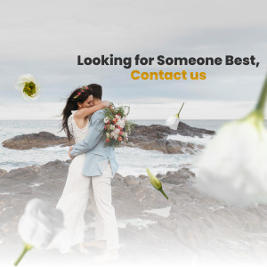 Couple embracing on a rocky beach with flowers, promoting a contact service.