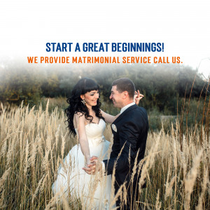 Happy couple in wedding attire promoting matrimonial services