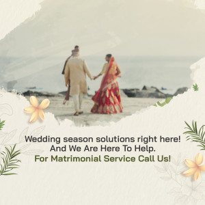 Bride and groom walking hand-in-hand on a beach with floral decorations and text promoting matrimonial services.