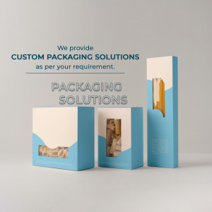 Variety of custom packaging boxes in blue and white