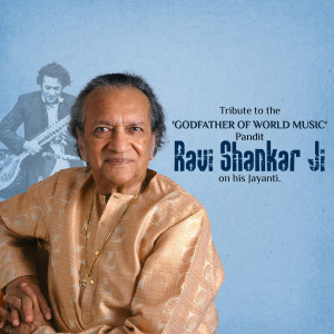 Portrait of Pandit Ravi Shankar Ji with a faded image of him playing the sitar in the background.