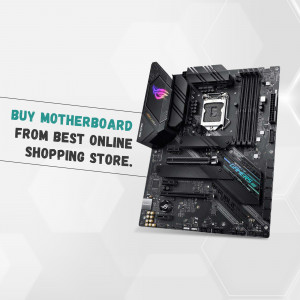 Close-up of a black motherboard with RGB lighting, promoting online shopping.
