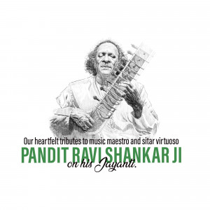 Portrait of Pandit Ravi Shankar playing the sitar with tribute text