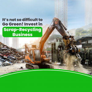 Excavator at a scrap recycling yard with text promoting investment.