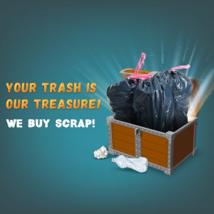 Image of a treasure chest overflowing with trash, promoting a scrap buying service.