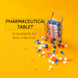 A shopping cart filled with pharmaceutical tablets and pills scattered around on a yellow background.