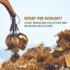 Excavator claw holding scrap metal with text promoting recycling and reducing pollution.