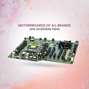 Image of a computer motherboard with text advertising availability of motherboards from all brands.