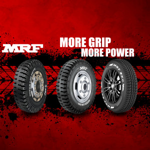 MRF tyres advertisement showcasing three different tyre types.