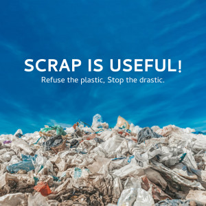 Pile of plastic waste with the text 'SCRAP IS USEFUL!'