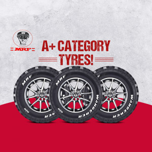 Three MRF Wanderer tyres displayed against a red background with the MRF logo.