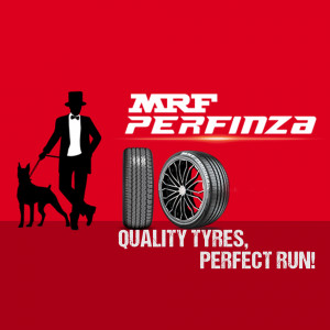 MRF Perfinza tyre advertisement featuring a man walking a dog and a tyre.