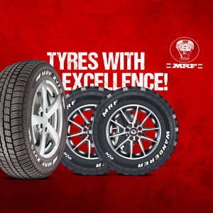 MRF tyres with the tagline 'Tyres with Excellence!'