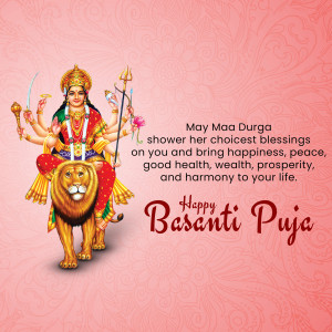 Image of Goddess Durga riding a lion with a festive Basanti Puja greeting.