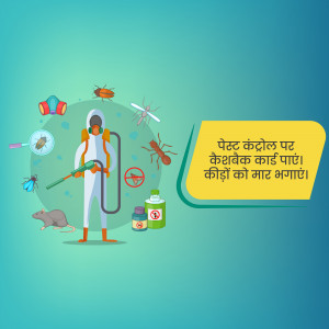 Illustration of a pest control worker spraying insecticide with various insects around.