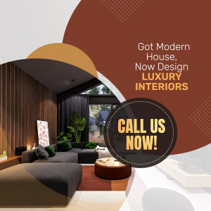 Interior view of a modern living room with a call to action