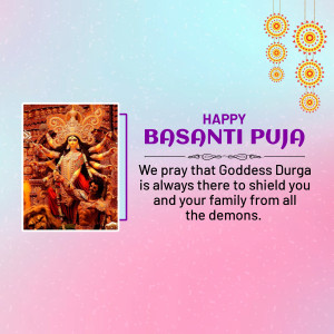 Image depicting Goddess Durga with a 'Happy Basanti Puja' message.