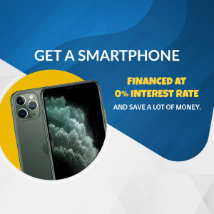 Image advertising smartphone financing with 0% interest rate.