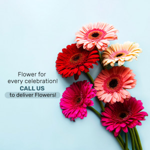 A colorful arrangement of gerbera daisies with a call to action.