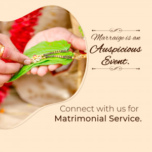 Hands holding a decorated leaf during a traditional Indian wedding ceremony with text promoting matrimonial services.