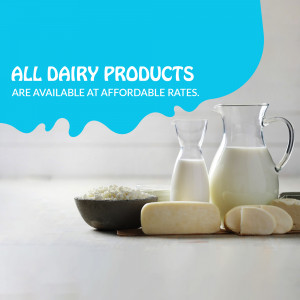 A still life of dairy products including milk, cheese, and yogurt with text promoting affordable rates.