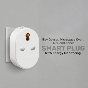 White smart plug connected to a wall socket with text promoting energy monitoring.