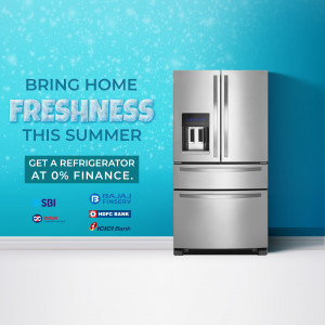 Stainless steel refrigerator with promotional text about 0% finance.