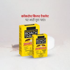 Two boxes of Famous Roach Tablets with a cockroach nearby