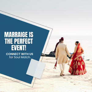 Indian couple walking hand-in-hand on a beach with wedding attire and a promotional graphic.
