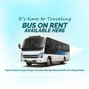White and blue bus rental advertisement with text 'Bus on Rent Available Here'