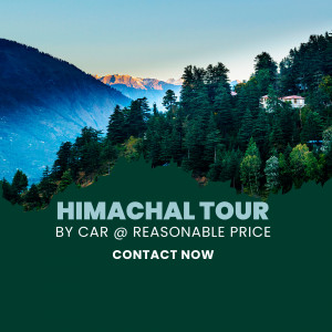 Scenic view of Himachal Pradesh mountains with text promoting a car tour