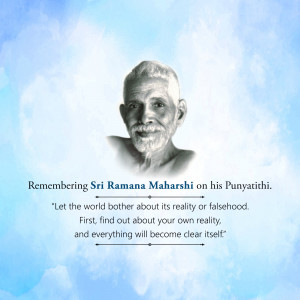 Portrait of Sri Ramana Maharshi with a quote
