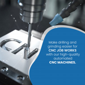 CNC machine working on a metal part with text overlay promoting CNC job works.