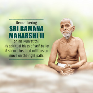 Portrait of Sri Ramana Maharshi Ji with text commemorating his Punyathithi