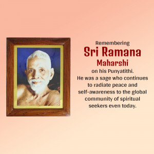 Portrait of Sri Ramana Maharshi in a frame with text commemorating his Punyathithi