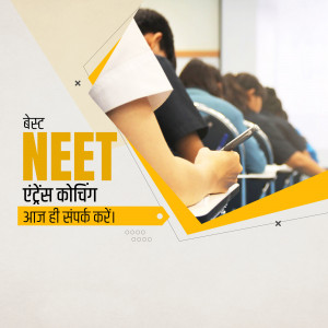 Students taking a NEET exam with coaching advertisement