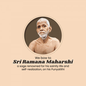 Portrait of Sri Ramana Maharshi with text commemorating his Punyathithi