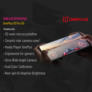 Close-up of a hand holding a OnePlus 10 Pro 5G smartphone displaying a racing game.