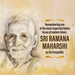Portrait of Sri Ramana Maharshi with text commemorating his Punyathithi