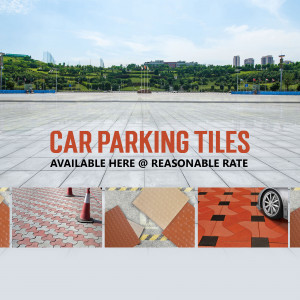 Image of car parking tiles with various designs and a city skyline in the background.