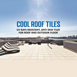 Beige cool roof tiles on a rooftop terrace with city view