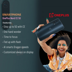 OnePlus Nord CE 5G smartphone being held by a woman with colorful makeup and nails.