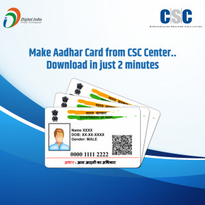 Aadhaar card image with CSC branding promoting quick download services.