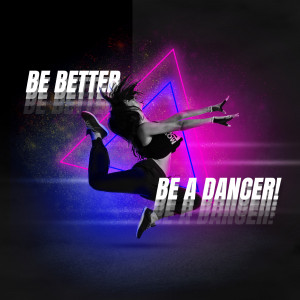 A dynamic image of a dancer in mid-air with neon geometric shapes and motivational text.