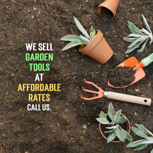 Garden tools and plants on soil with promotional text